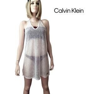 CALVIN Klein Sequin Swimsuit Bikini Coverup White V-Neck Shift Racerback Tank